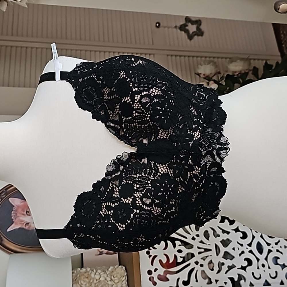 Aerie Real Happy Wireless Lightly Lined Bluegrass Lace Bra 40DD Black/Nu…